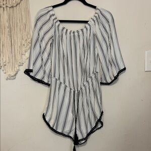 Forever 21 White and Black Striped Off-Shoulder Romper